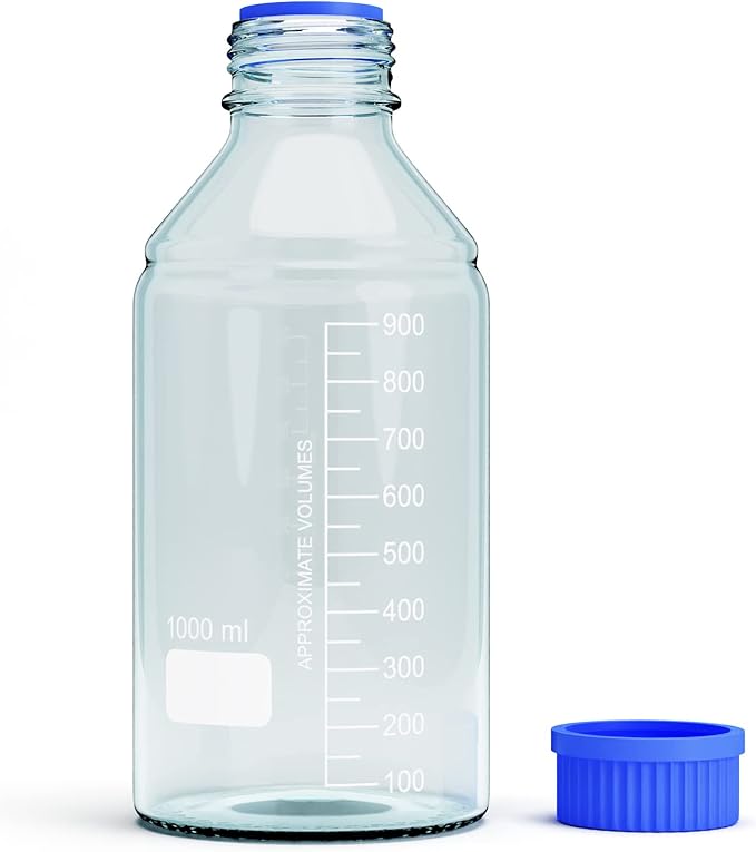 1000ml Storage Glass Bottles – 2pcs Round Media Storage Bottle – Borosilicate Glass Bottles – Safe Probe Storage Glass Storage Bottles with GL45 Blue Screw Cap (1000ml - 2pcs)