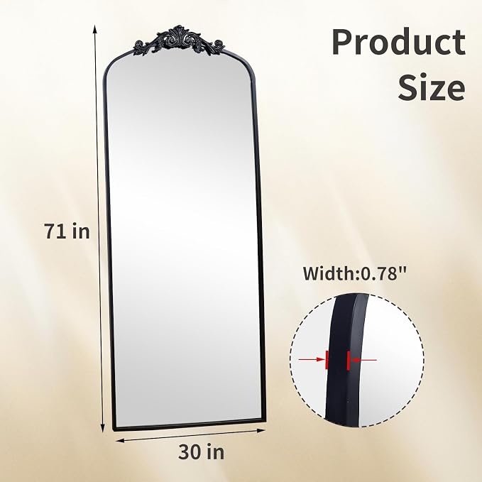 71" x 30" Black Arch Full Length Mirror, Gothic Ornate Baroque Floor Mirror with Decorative Crown, Large Arched Wall Mounted Dressing Mirror for Bedroom, Living Room, Entryway