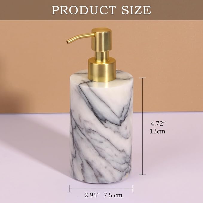 Natural Marble Soap Dispenser for Bathroom and Kitchen Countertop - 5.41 Ounces Hand Lotion and Liquid Stone Shampoo Laundry Bottle with Pump (1, Lilac, Cylindrical Bottle)
