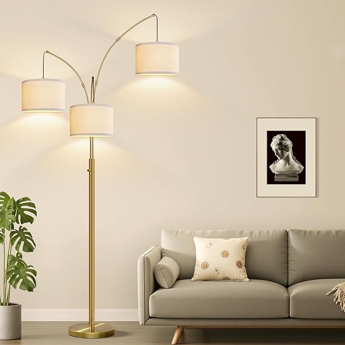Dimmable Floor Lamp, 3 Light Brass Arc Floor Lamp, Modern Tall Standing Tree Lamp with White Linen Shades & Heavy Base, 3000LM LED Bulbs, Bright Lighting for Living Room, Bedroom, Office & Reading