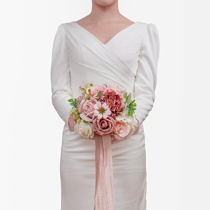 TINGE TIME 9 inch Bridal Bouquets for Bride, Artificial Silk Flowers Tossing Bouquet, Bride Bouquets for Wedding,Ceremony, Anniversary (DustyRose&Cream)