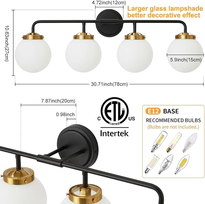 Black Gold Bathroom Light Fixtures Above Mirror, Modern Vanity Lighting with White Glass Globe Shade 4-Light Farmhouse Wall Sconce