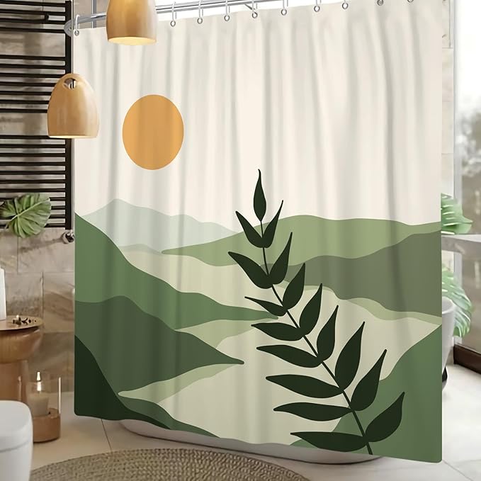 Boho Mid Century Shower Curtain Modern Abstract Sun Tropical Leaves Bathroom Curtain Set Neutral Minimalist Plant Waterproof Fabric Bath Decor with Hooks 72x72 inch