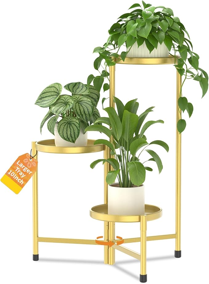 LASZOLA 3 Tier Large Plant Stand Indoor Tall with 10 Inch Metal Tray, Corner Folding Flower Display Rack, Modern Plant Holder Shelf for Outdoor Patio Porch Garden Office Living Room, Gold