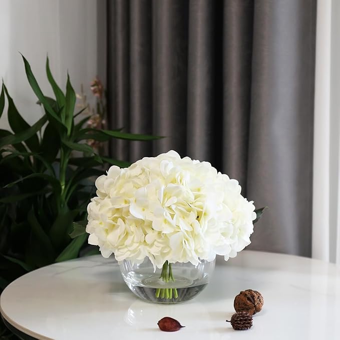 Silk Hydrangea Flowers in Vase, Small Silk Flowers in Vase with Faux Water for Home Decor Wedding Table (Cream White)