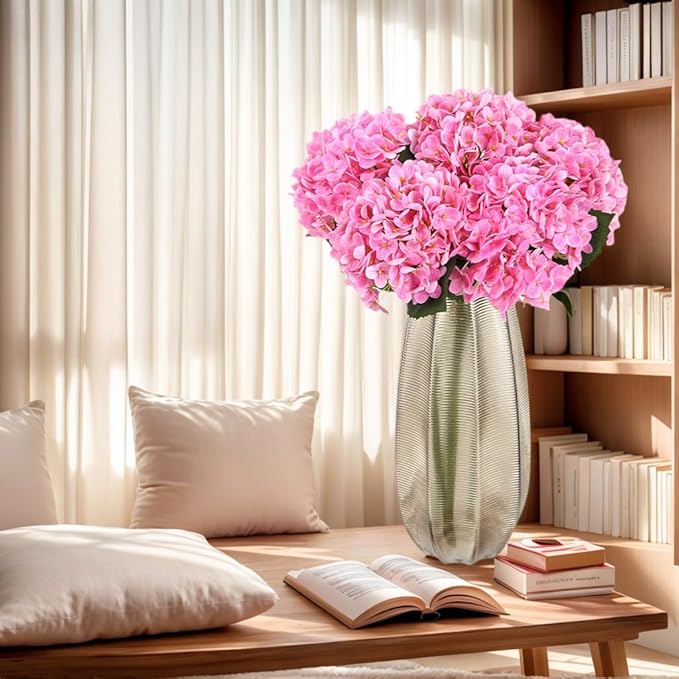 Kimura's Cabin 5Pcs 21inch Real Touch Artificial Hydrangea Flowers Lifelike Latex Hydrangeas Long Stem with Leaves Hydrangea Bouquet for Home Wedding Baby Shower Birthday Party Decoration（Rose Pink）