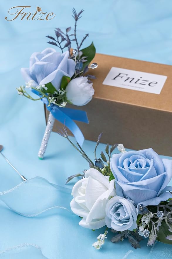 Fnize Blue Corsage and Boutonniere Set for Bride Groom Bridesmaids Groomsmen Wedding Homecoming Flowers Prom Suit Accessories, Rose Boutonniere and Wrist Corsage Flower