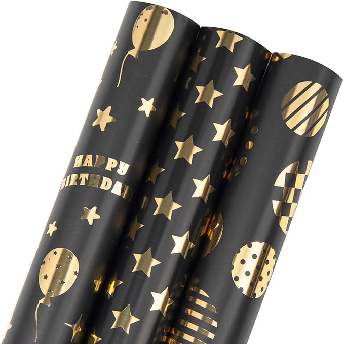 Birthday Wrapping Paper Roll -3 LARGE ROLL-27inch*78 inch per roll Colorful Foil wrapping paper Design for Holiday, Party, Celebration (Birthday 3 Black/Gold（010）)