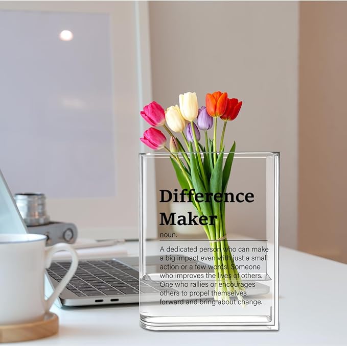 Difference Maker Bosses Day Gifts for Women Men Funny Office Decor for Women Wooden Acrylic Book Flower Vase National Boss Day Decorations Gifts for Leader HR Men Manager Office Bookshelf Desk Decor