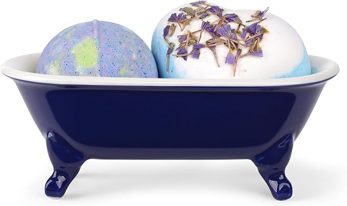 6.5" Ceramic Mini Decorative Clawfoot Bathtub Bar Soap Dish, Kitchen Sponge Holder and Shower Tray for Bathroom, 1 Pack(Navy Blue)
