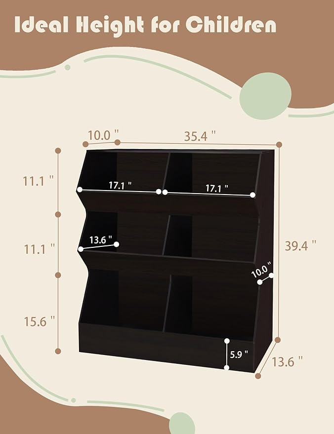 DINZI LVJ Toy Storage Organizer, Kids Bookshelf, Wooden Toy Storage Cabinet, 6 Cubby Children Bookcase, 35.4" L Toddler Book Shelf for Playroom, Living Room, Nursery, Hallway, School, Espresso