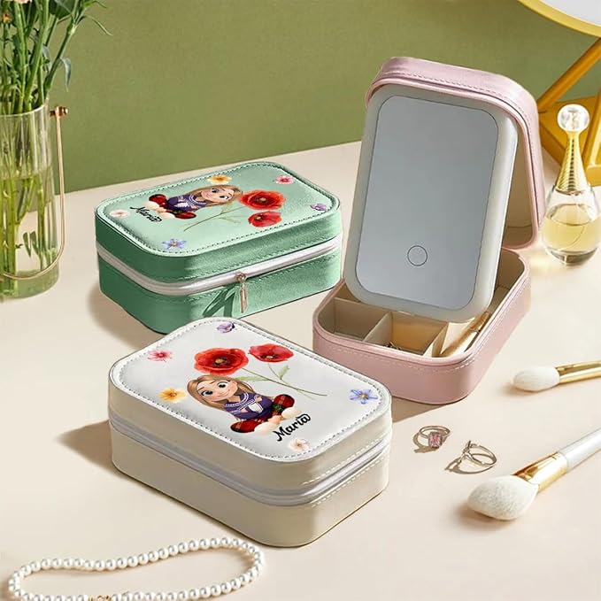 Wrappiness Girls & Women Lovely Makeup Box With LED Mirror - Personalized Jewelry Box Organizer Portable Ideal for Travel, Gift for Daughters Sisters Friends (Birth Month Flower, Teen Girls)