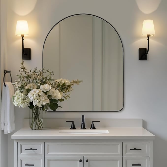 ANDY STAR Arched Mirror, 28 x 36 Inch Black Wall Mirror in Stainless Steel Metal Frame, Arch Top Rounded Corner 1 Inch Deep Set Design Wall Mount Hangs Vertical
