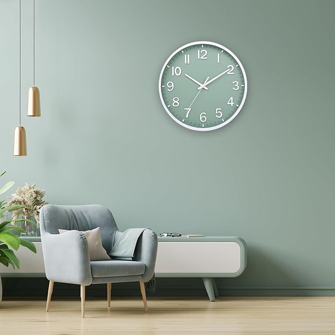 Wall Clocks Battery Operated 10 inch Modern Wall Clock,Silent Non Ticking Wall Clock for Living Room Bedroom Kitchen Office Classroom Decor (Green White)