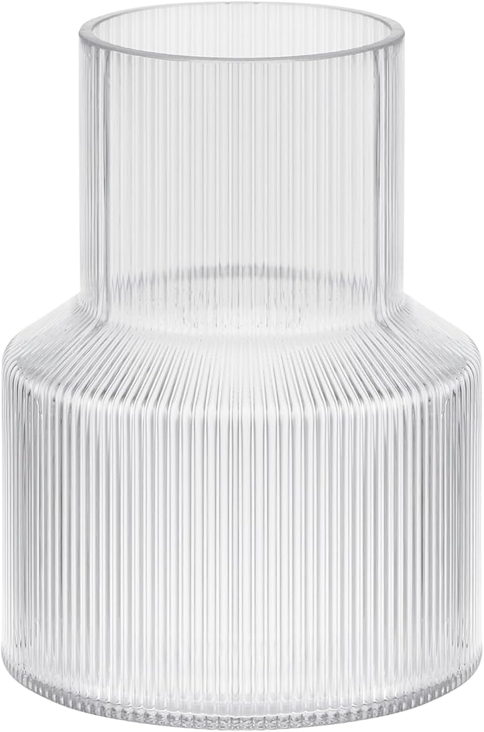 8" High Ribbed Glass Vase, Glass Flower Vase, Fluted Clear Vases for Lego Flower Bouquet, Modern Glass Vases for Living Room, Dinning Table, Wedding (Clear, 6"x8")