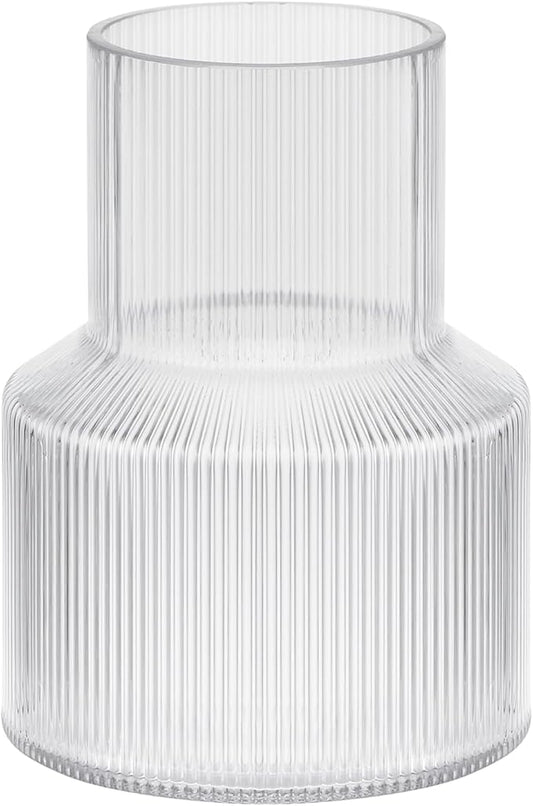 8" High Ribbed Glass Vase, Glass Flower Vase, Fluted Clear Vases for Lego Flower Bouquet, Modern Glass Vases for Living Room, Dinning Table, Wedding (Clear, 6"x8")