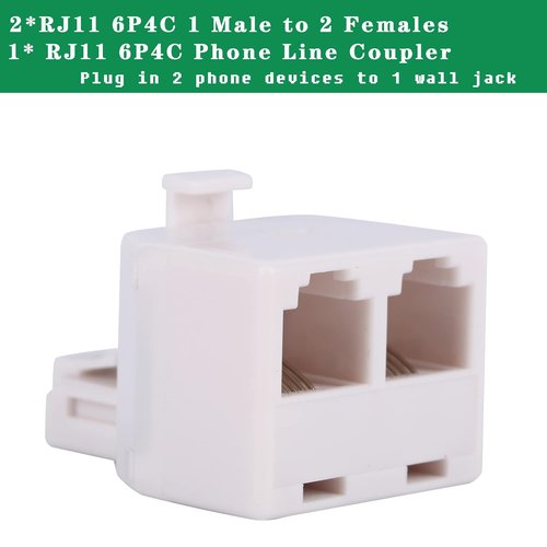 LanSenSu Phone Jack Splitter 2-Pack with Coupler - RJ11 6P4C Male to Female, Beige (2 Way)