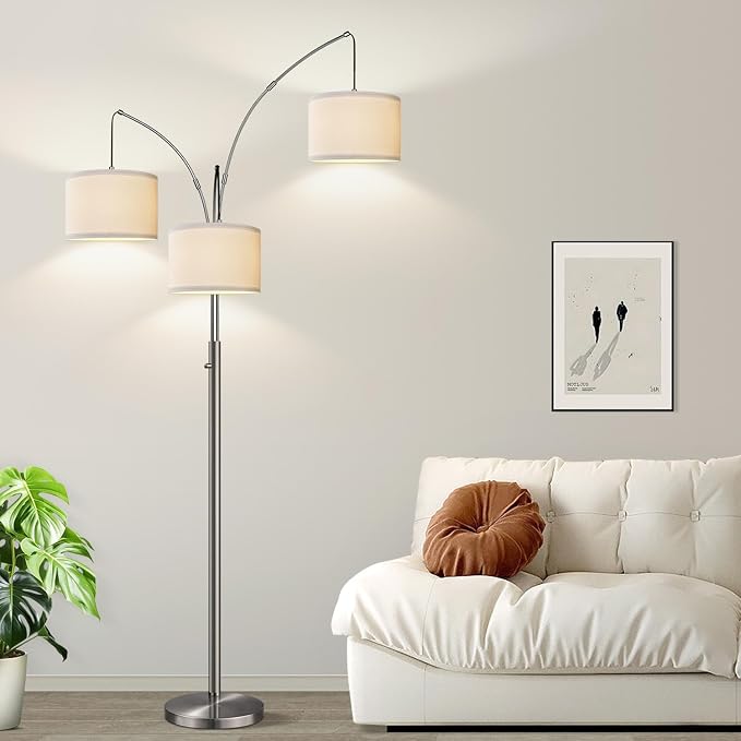 Dimmable Brushed Nickel Floor Lamp, 3 Light Arc Floor Lamp, Modern Tall Standing Tree Lamp with White Shades & Heavy Base, 3000LM Cool White LED Bulbs, Bright Lighting for Living Room, Bedroom, Office