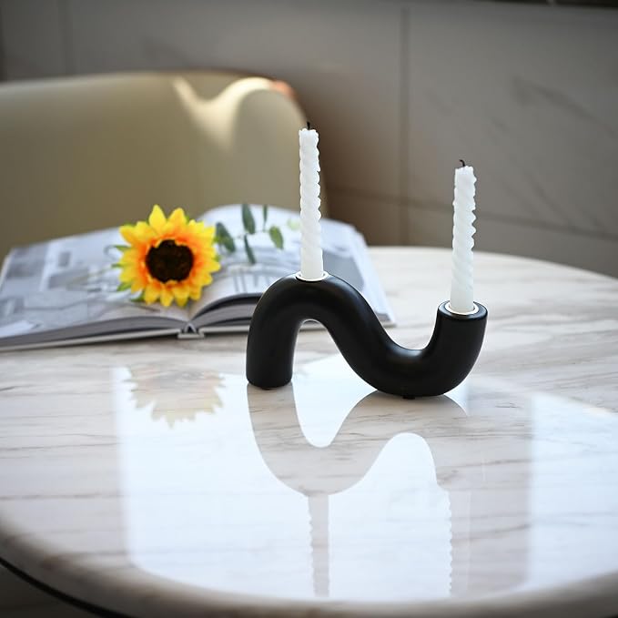 Ceramic Candle Holder, Modern Taper Candlestick Holder for Dining Table, Living Room Coffee Table, Candelabra for 2 Taper Candles-Black
