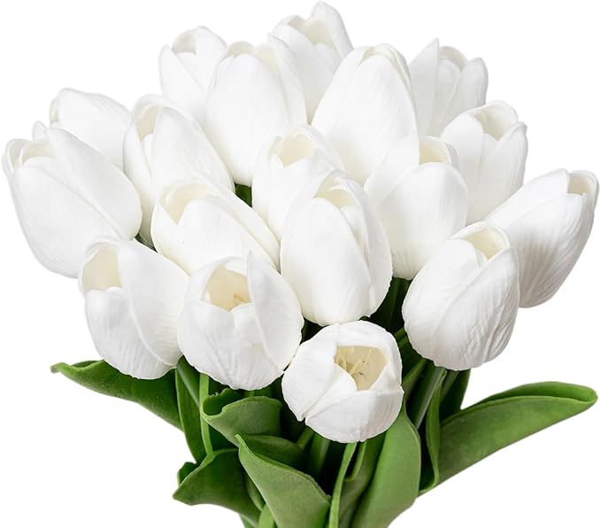 KAOYOO 18PCS Artificial Tulip Flowers Bouquet - Faux Latex Tulips for Home Decor,Office Desk,Kitchen Table,Wedding Centerpiece,Party,Spring Decoration(White,18 Pack)