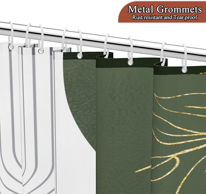 Mid Century Boho Shower Curtain, Abstract Modern Sun Minimalist Aesthetic Shower Curtain, Bohemian Geometric Arch Curve Leaves Neutral Art Fabric Bathroom Curtains Sage Green 72x84 inch
