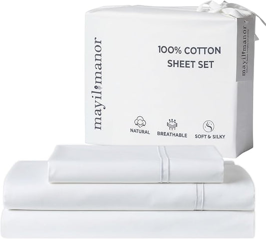 100% Natural Cotton Bed Sheets | 500 TC Single-Ply Sateen Weave Twin XL Sheets | Soft, Breathable, Hypoallergenic Solid 3-Piece Bedding with Deep Pocket Fitted, Flat, Pillowcase | White