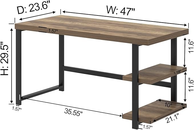 FOLUBAN Computer Desk, Wood and Metal Home Office Desk with Storage Shelves, Small Study Writing Table Workstation for Bedroom Living Room, Rustic Oak, 47 Inch