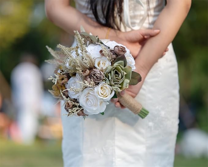 Wedding Bouquets for Bride Bridesmaid Khaki Rose Bridal Bouquet for Bride Artificial Flowers Wedding Tossing Bouquets for Wedding Church Bridal Shower Ceremony Anniversary (Khaki+Ivory)