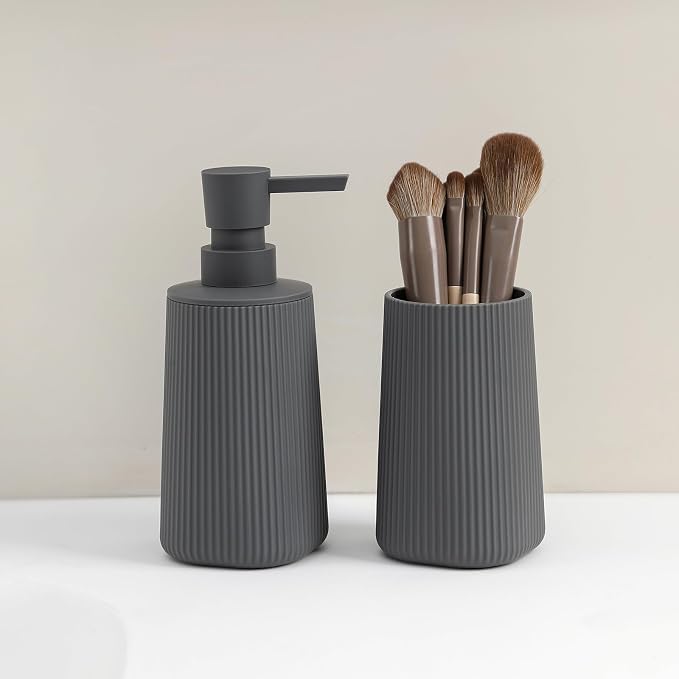 YAUKPH Bathroom Accessories Set 2 Piece Soap Dispenser and Toothbrush Holder for Bathroom Countertop Striped Gray