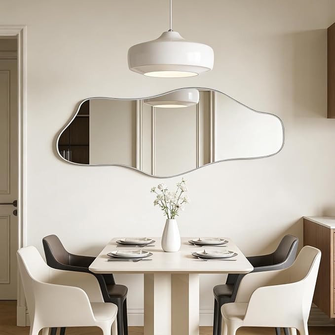 Large Irregular Wall Mirror, 60"x24" Silver Asymmetrical Tempered Glass Mirror, Frameless Organic Shaped Mirrors for Entryway Hallway Bedroom Living Room, Horizontal or Vertical Hanging