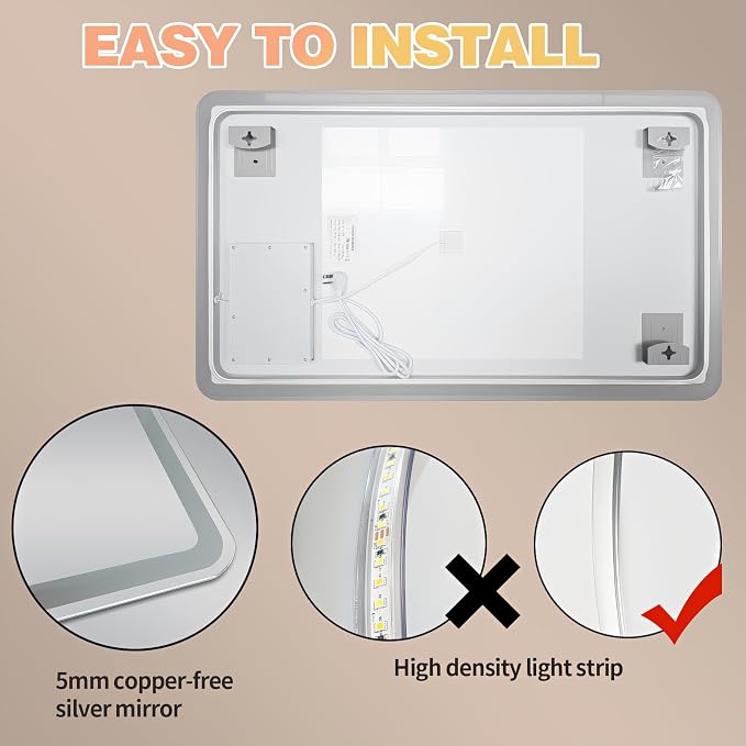 Niccy 30"x48" LED Bathroom Mirror, Rectangle Vanity Mirrors with Lights, Frontlit & Backlit Lighted Vanity Mirror, Memory Funtion, 3 Colors & Stepless Dimmable, Anti-Fog, Horizontal/Vertical