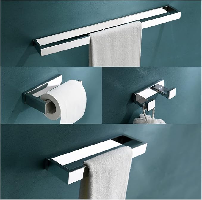 4-Pieces Bathroom Hardware Set, Polished Chrome Towel Bar Set, Wall Mounted Stainless Steel Bathroom Hardware Accessories Set, 23.6 inch