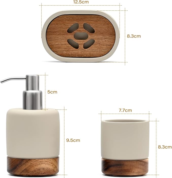 Bathroom Accessories Set 3 Piece Bath Ensemble Includes Soap Dispenser, Tumbler, Dish for Decorative Countertop & Housewarming Gift (Concrete with Acacia Wood)