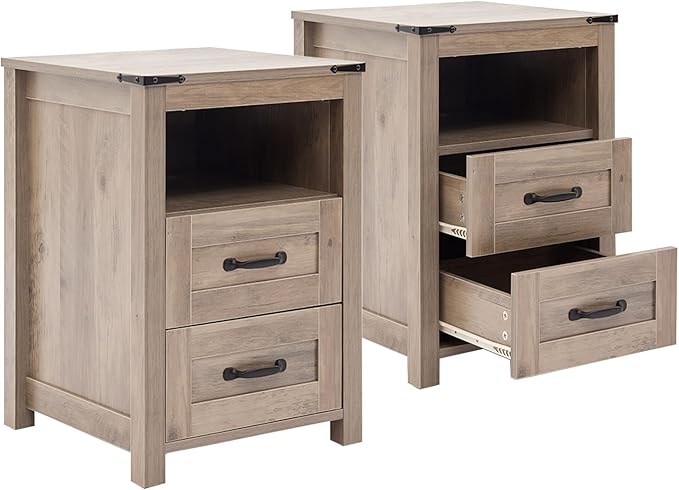 Farmhouse Night Stand Set of 2, Rustic Sierra Nightstand for Bedroom, End Tables Without Charging Station, Bedside Table with Drawers, Wood Bedside Cabinet Dresser