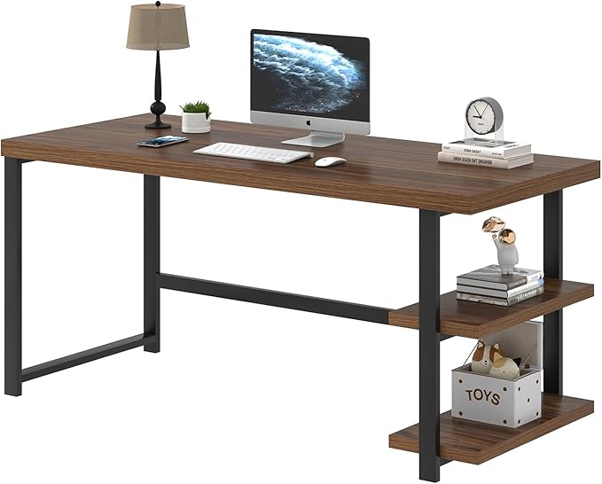 FOLUBAN Modern Computer Desk for Home Office, Large Writing Table with Storage Shelves, Wood and Metal Study Gaming Desk Workstation for Living Room, Rustic Walnut, 60 Inch