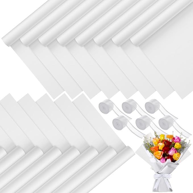 Sabary 120 Sheets Flower Wrapping Paper Bouquet Pure Color Waterproof Floral Packaging Paper with 196 Inch Ribbon Florist Bouquet Supplies for Wedding Birthday DIY, 22.8 x 22.8 Inch(White)