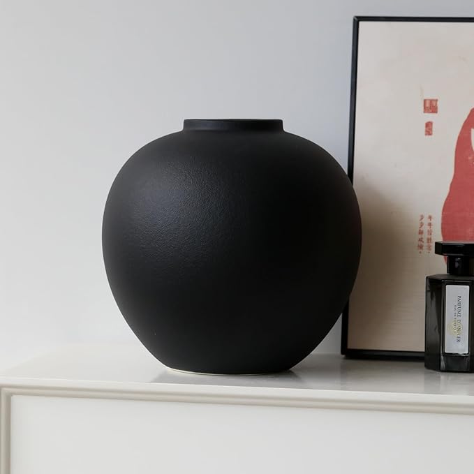 Large Black Ceramic Flower Vase,Decorative Jar Flower Vase, Decorative Jar Modern Centerpiece Table Decorations,Rustic Ceramic vases for Home Decor Dining Room(Black, 0614)