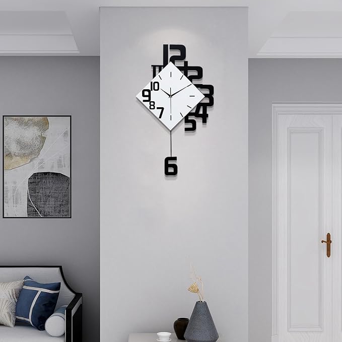 FLEBLE Large Wall Clocks for Living Room Decor Silent Pendulum Battery Operated Non-Ticking for Bedroom Kitchen Office Home 26" Decorative Clock Square White Wood Wall Decor for School Indoor