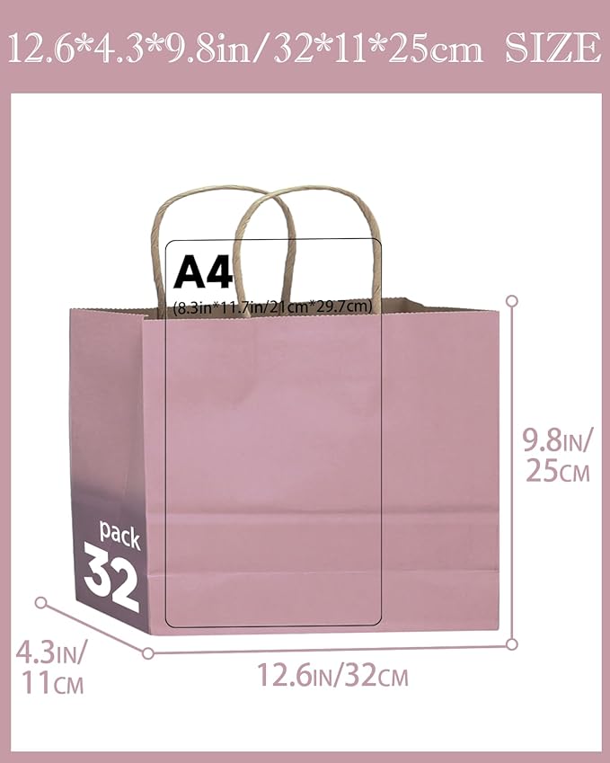 qiqee 13"x4.5"x10" Large Gift Bag with Handles Bulk 32PCS Gift Paper Bags Pink Purple Bags Multiple Uses (Wide Large)