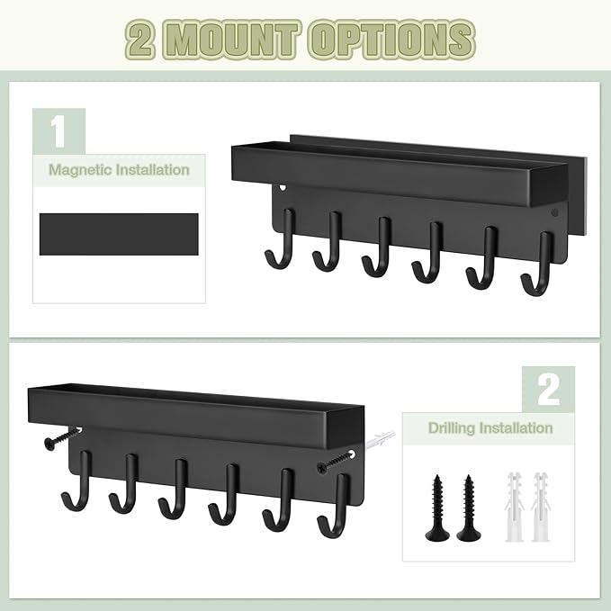 VIS'V Magnetic Key Holder Wall Mount, Compact Metal Key Rack with Tray, 6 Hooks, 2 Mount Options, Black