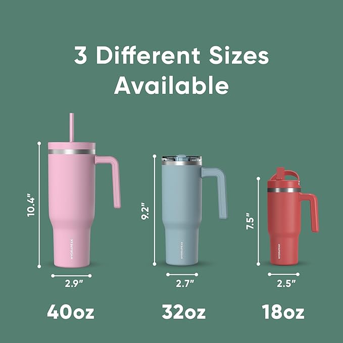 Hydrapeak Voyager 40 Oz Stainless Steel Tumbler with Handle, Insulated Water Bottle With Straw & Lid, Cupholder Friendly Reusable Travel Mug (Kelly Green)