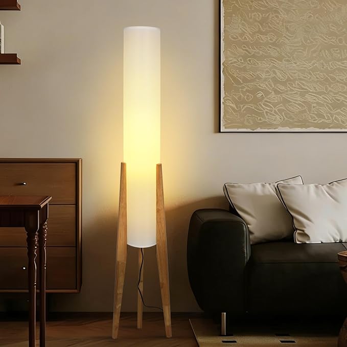 Wabi-sabi 50" Wooden Tripod Floor Lamp Linen Floor Lamp Paper Lantern Inspired Fabric Standing Lamp With E26 3-Color Temperatures Solid Wood Tall Light For Living Room Bedroom (Includes Bulb)