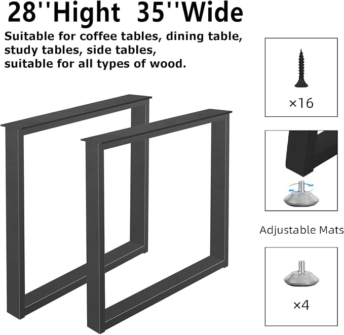 Metal Desk Table Legs 28''Hight 35'' Wide with Adjustable Protector Feet, Industrial & Rustic Style Heavy Duty Metal Furniture Legs for DIY Dinning Coffee Tables, Rectangle Shape, Black