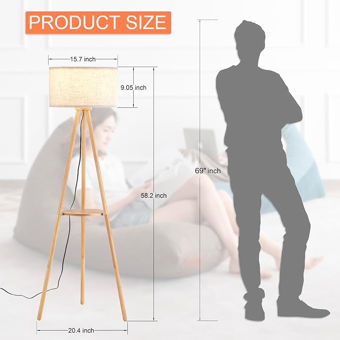 Wood Tripod Floor Lamp with Shelf & 3 Color Temparature LED Bulb, Modern Nordic Wooden Standing Floor lamp Linen Shade for Living Room, Bedroom, Office, ETL Listed/Natural Wood Color