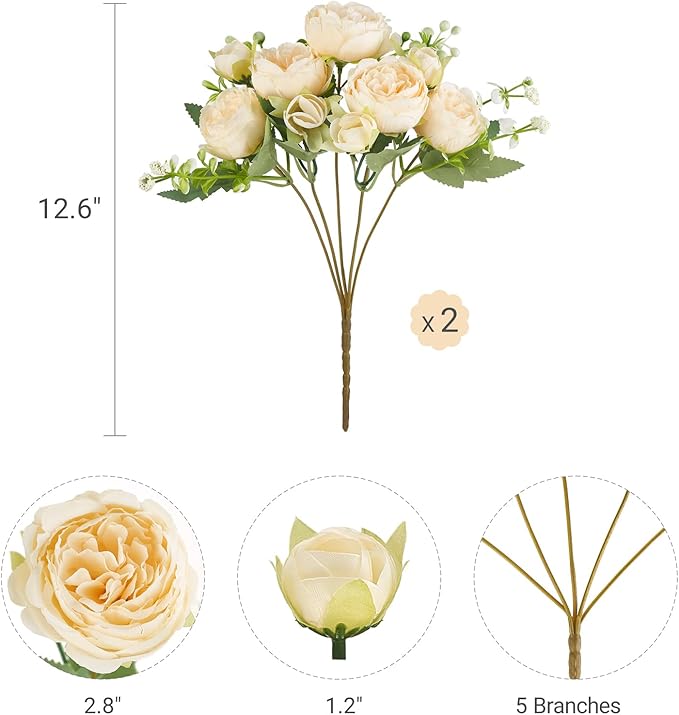 Mkono Peonies Artificial Flowers, Small Silk Flowers for Home Decor Indoor Fake Bouquet Faux Floral Arrangements Dining Table Centerpieces for Kitchen Bridal Wedding Party Decor Champagne