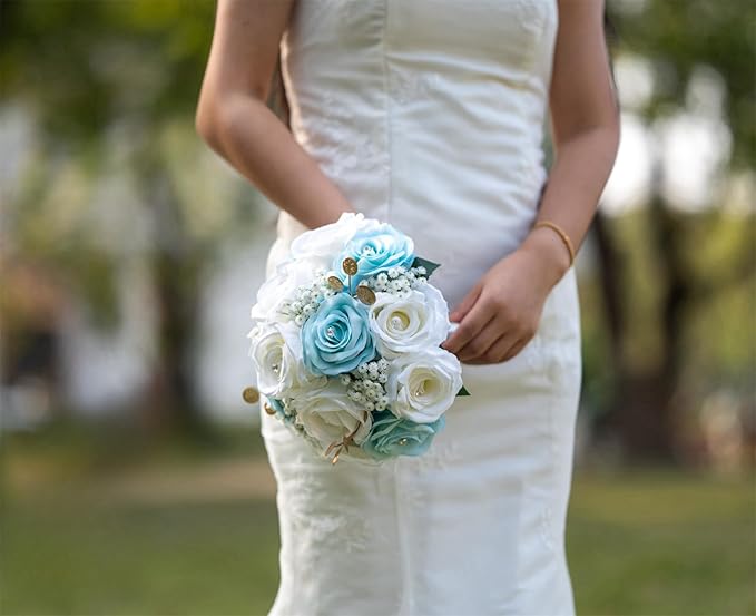 Wedding Bouquets for Bride Bridesmaid Artificial Flowers White Blue Rose Bridal Wedding Tossing Bouquets for Wedding Church Bridal Shower Ceremony Anniversary Home Decor (White + Blue Rose)