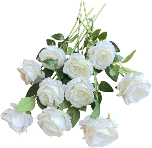 10 Pcs Artificial Rose Bouquets in Faux Flowers with Flannel and Silk-Like Touch Highly Realistic Handmade Ideal for Wedding Hotel Decorations as Well as Festival Party Decoration Gift & Props (white)