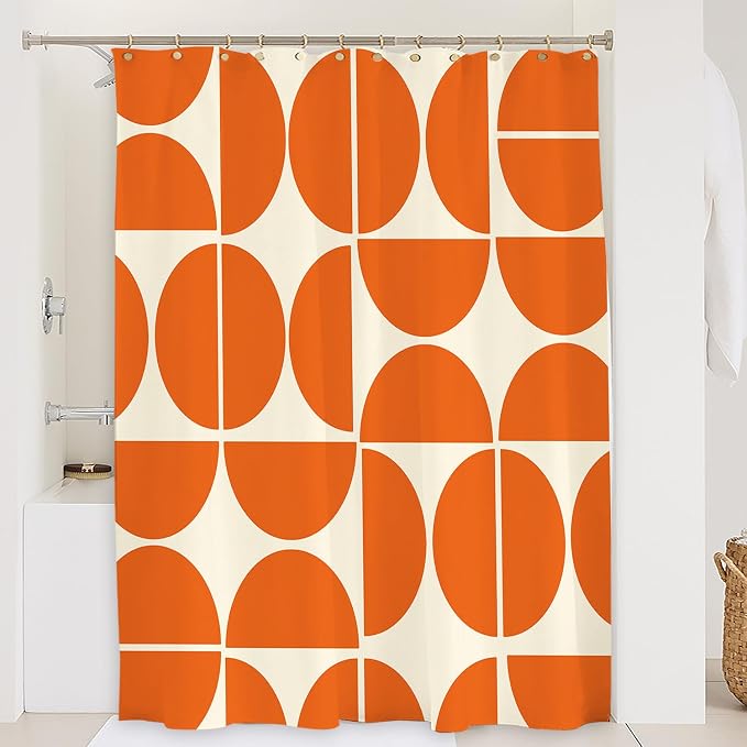 Orange Mid Century Shower Curtain Sets Boho,Modern Abstract Geometric Art Bath Curtain for Bathroom,Waterproof Fabric Polyester Curtain with 12 Hooks, 72 x 72 Inches