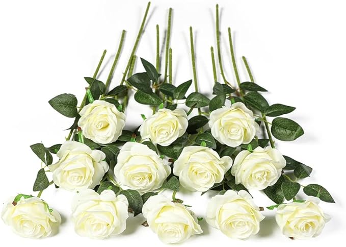 Kisflower 12Pcs White Roses Artificial Flowers, Realistic Single Stem Flowers Silk Rose Bouquet for Wedding Party Office Home Decor (White)