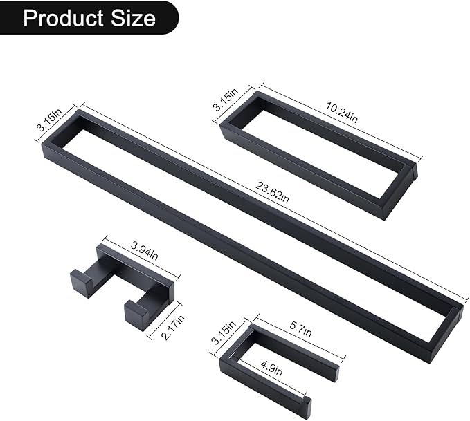 Black Towel Bar Set, 4-Pieces Bathroom Hardware Set Modern Bathroom Towel Holder Set SUS304 Stainless Steel Wall Mounted Towel Rack Set,23.6 Inch
